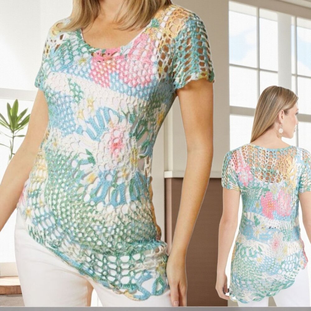 MASSEY'S (LG) Asymmetric Printed Crochet Short Sleeve Tunic